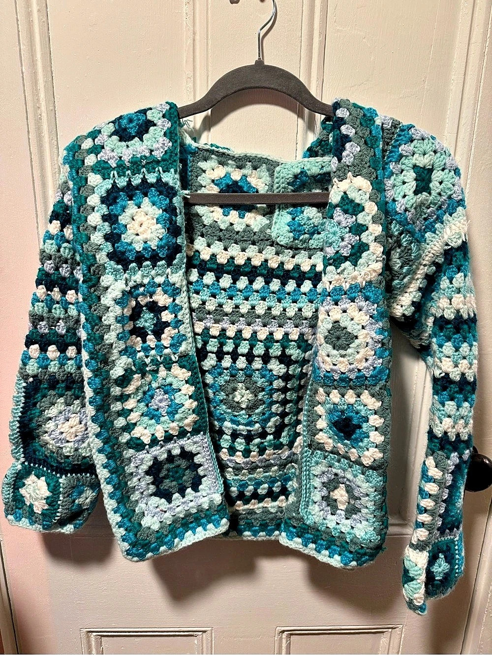 Crochet Hooded Cardigan in Blue & White